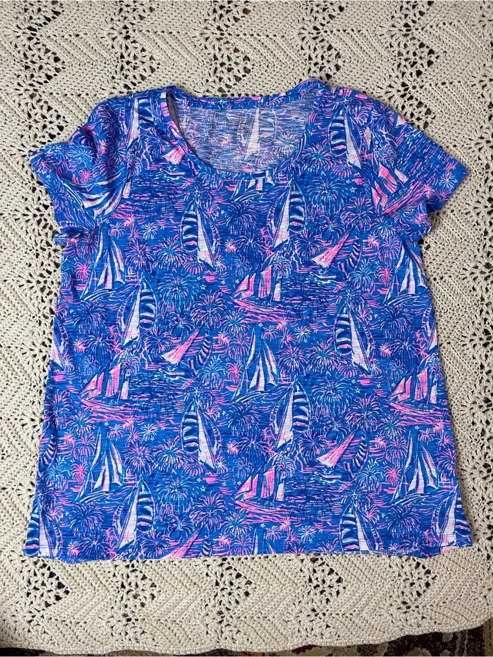 Lilly Pulitzer Top Womens Sz XL Tropical round Neck 100% Cotton